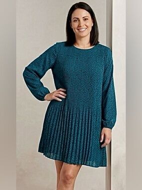 Ophelia Roe Teal Pleated Long-Sleeve Mini Dress